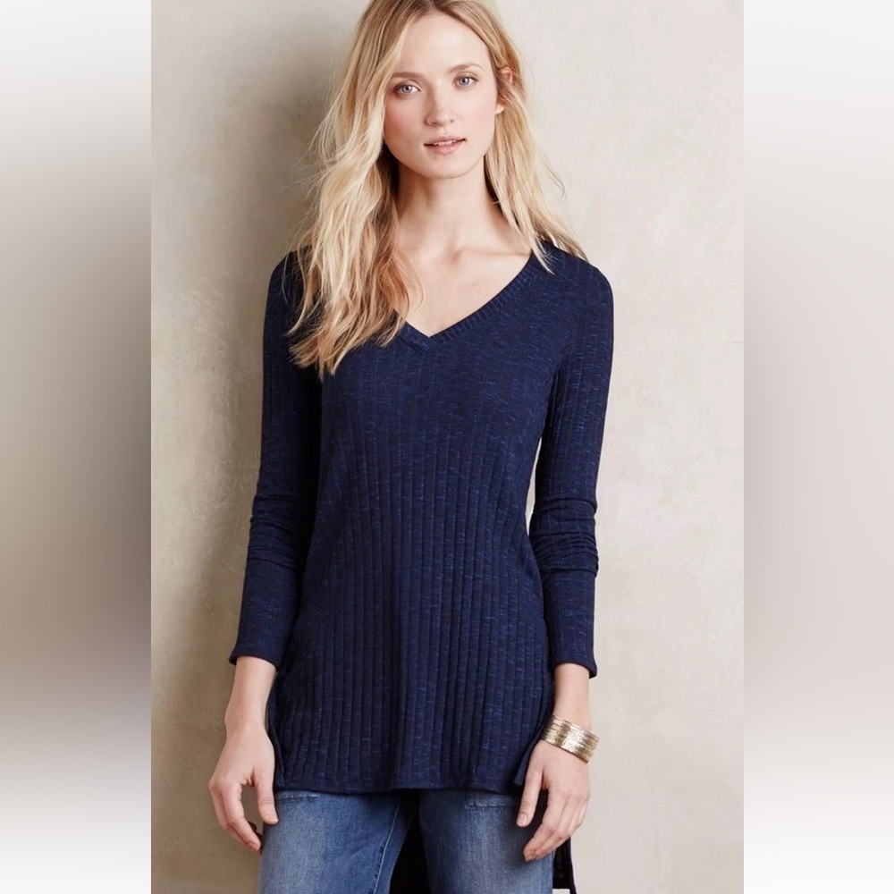 Anthropologie DELETTA Blue Ribbed Hi-Lo Tunic SMALL Petite $68 Knit Top Blue
